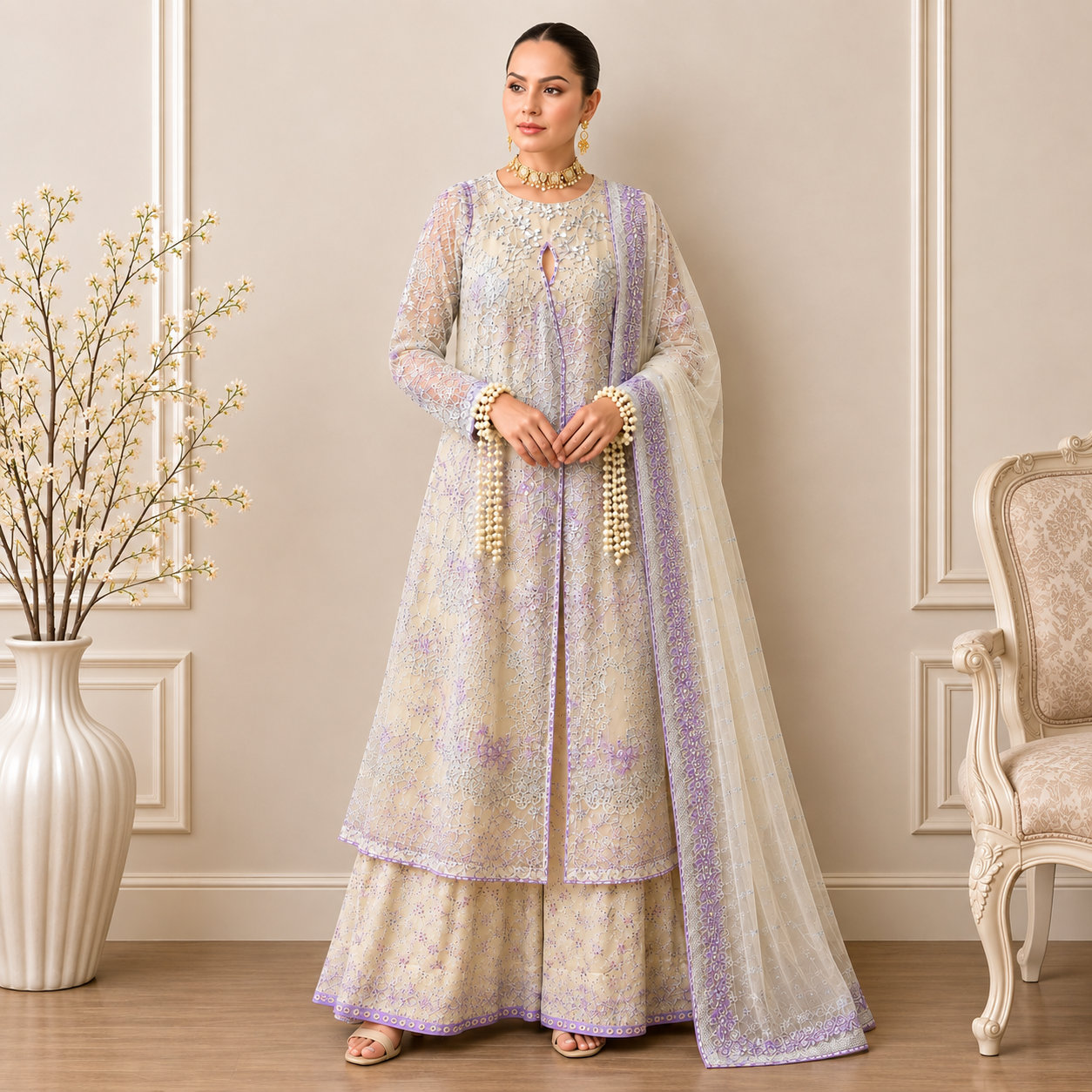 Ivory Lavender Embroidered 3-Piece Formal Set