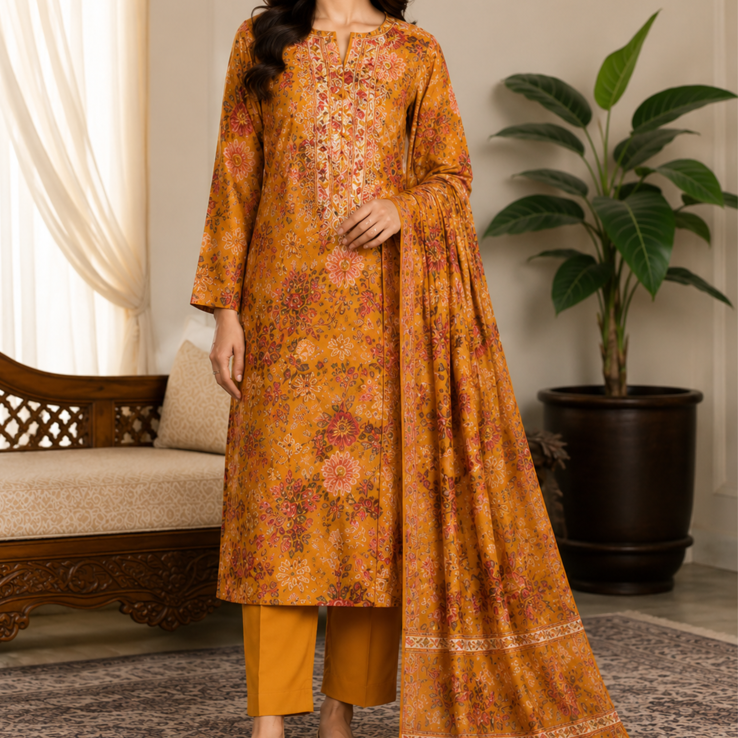 Zellbury Mustard Floral Lawn 2-Piece Suit