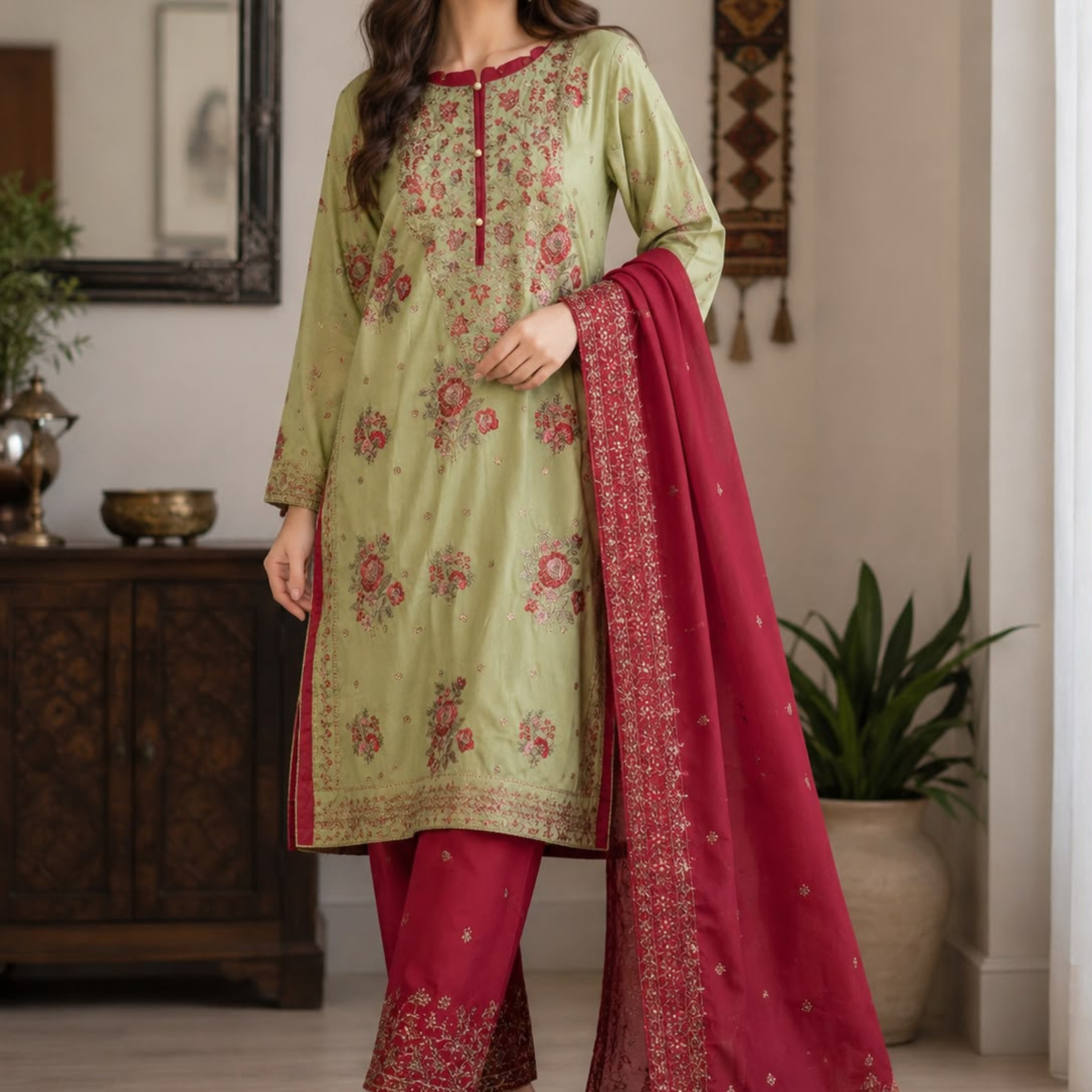 Asim Jofa – Pistachio Bloom Luxury 3-Piece Suit