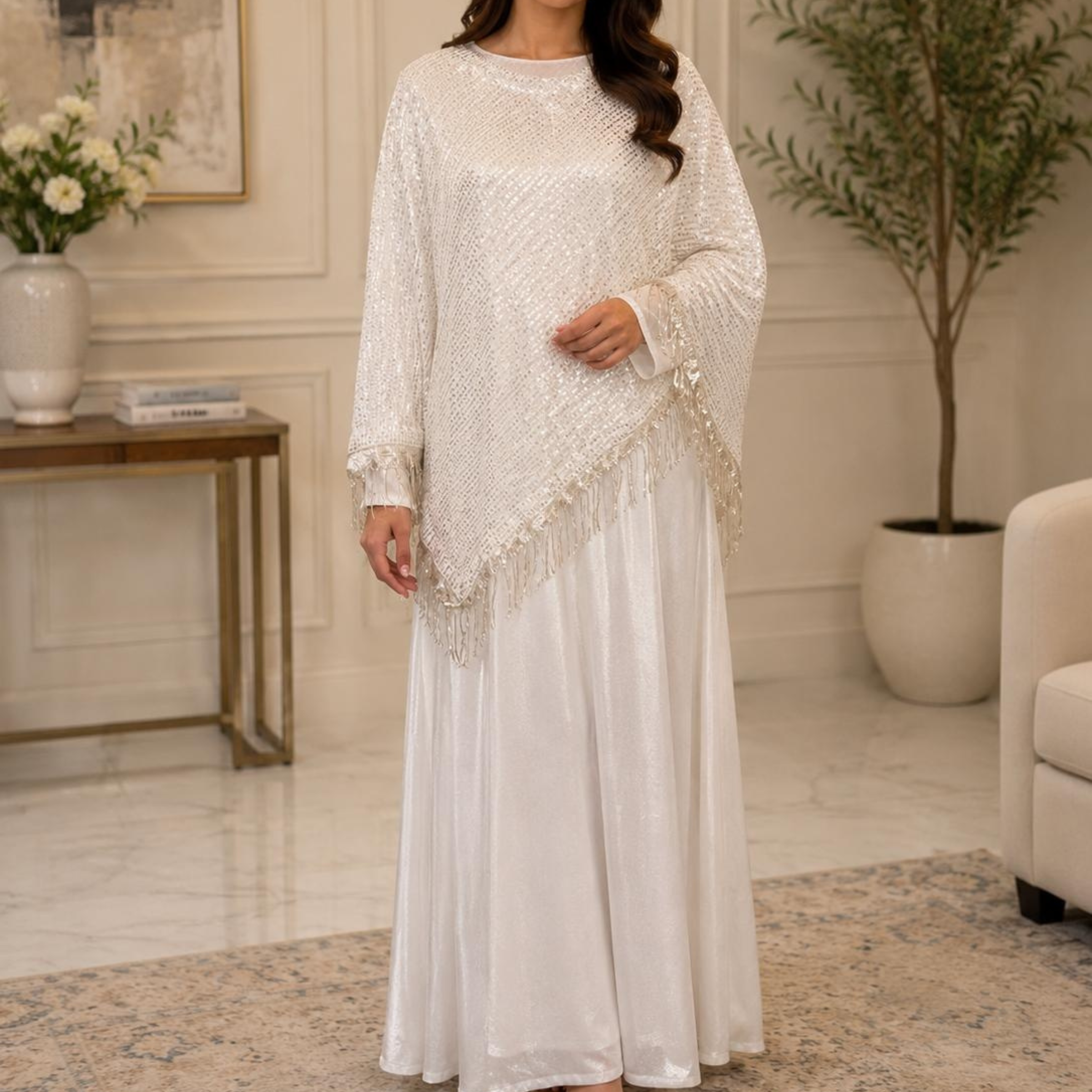 Elegant White Crushed Silk Maxi Set