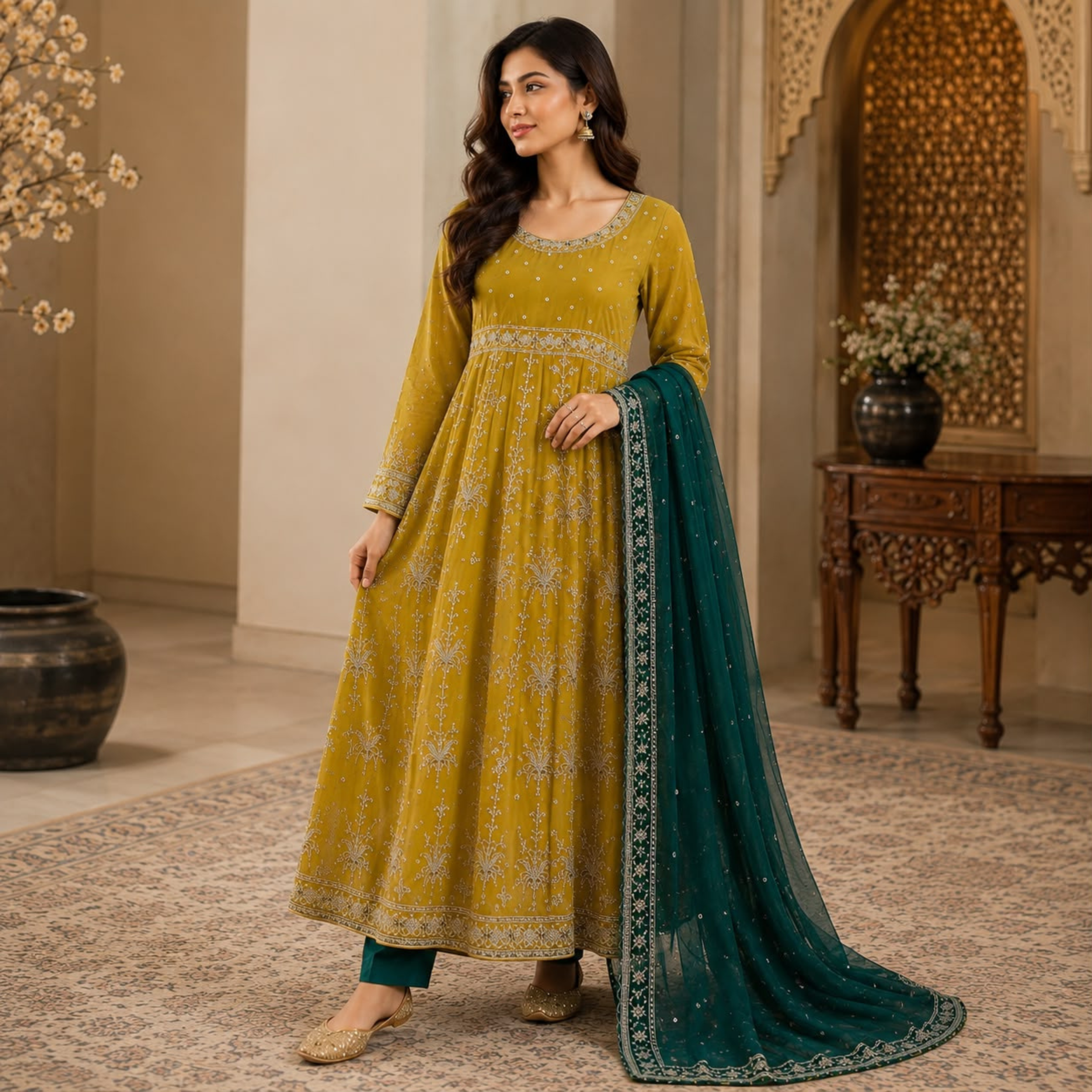 Asim Jofa Luxury Formal 3-Piece Suit - Mustard Green