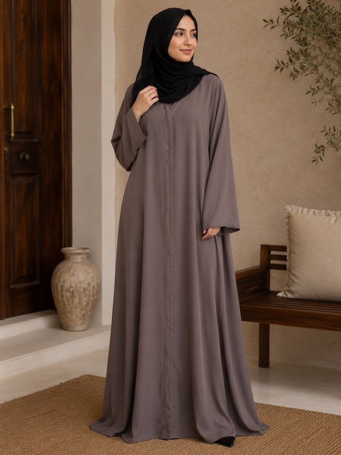 Elegant Taupe Silk Abaya