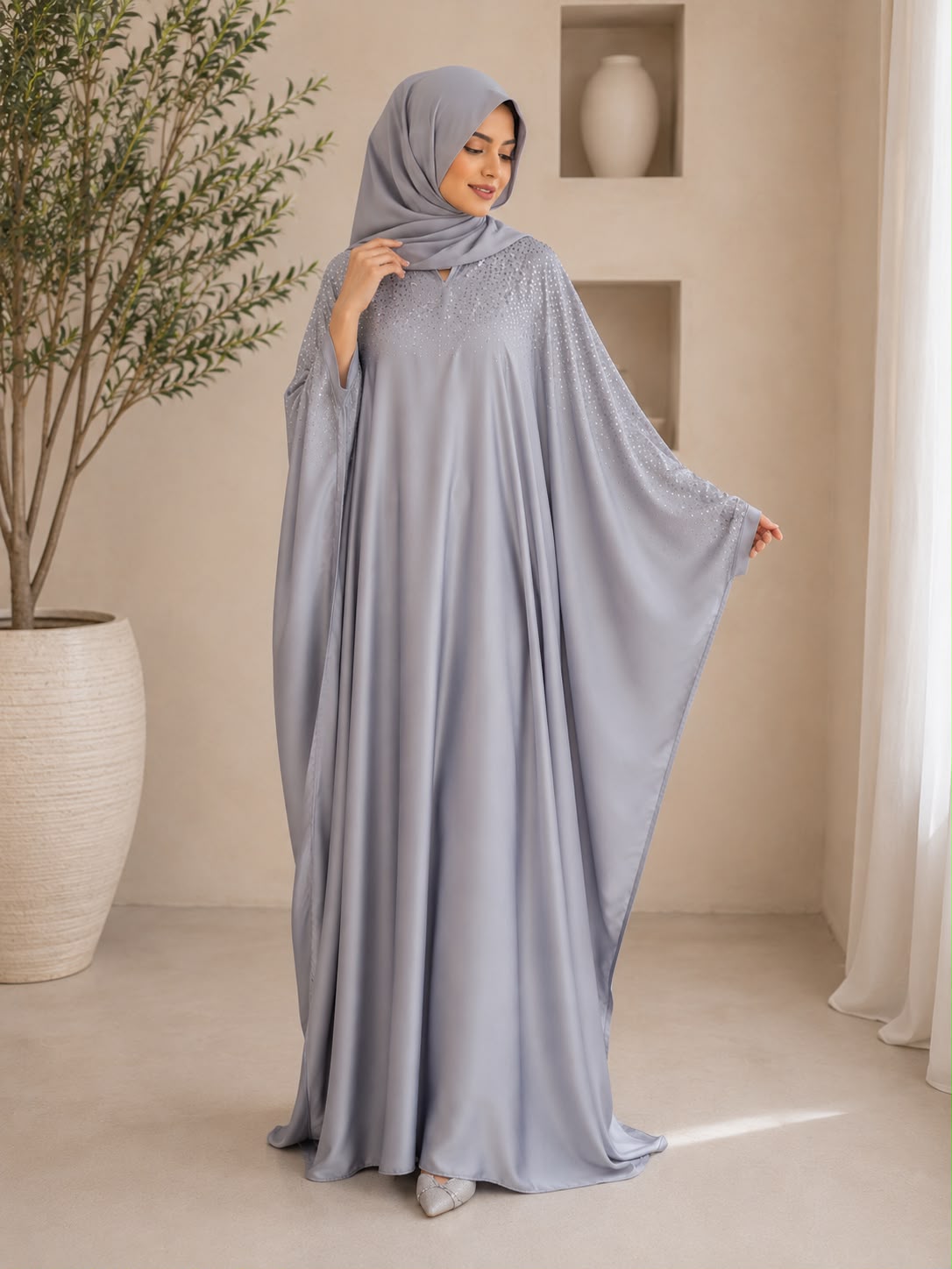 Elegant Silver Grey Butterfly Abaya