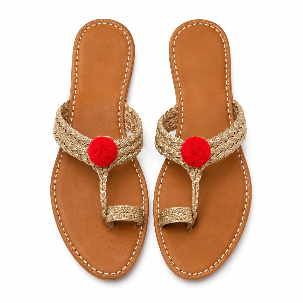 Golden Braid Pom-Pom Sandals