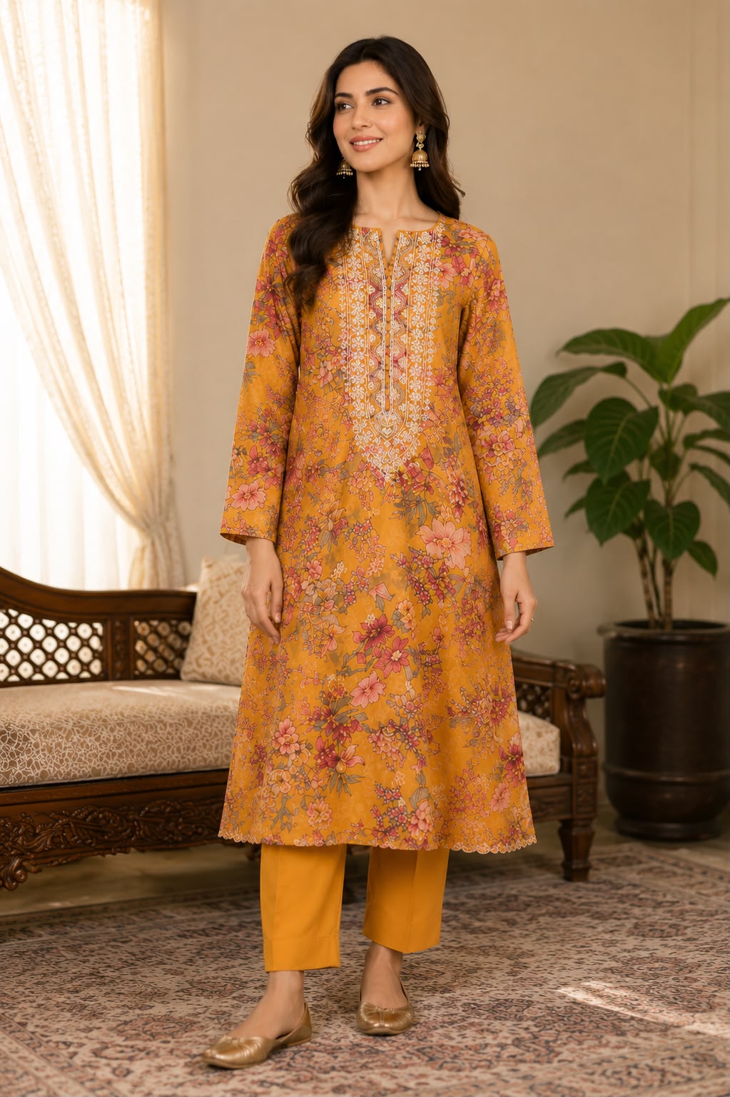 Zellbury Mustard Floral Lawn 2-Piece Suit