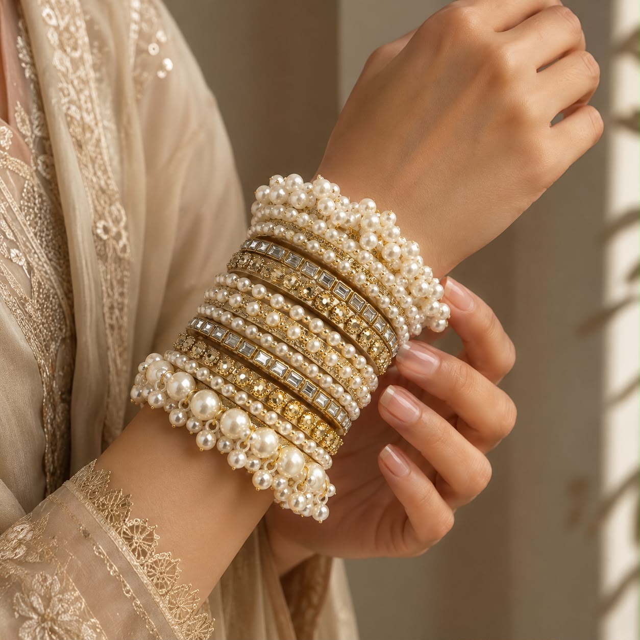 Gajra Pearl Bangles Set