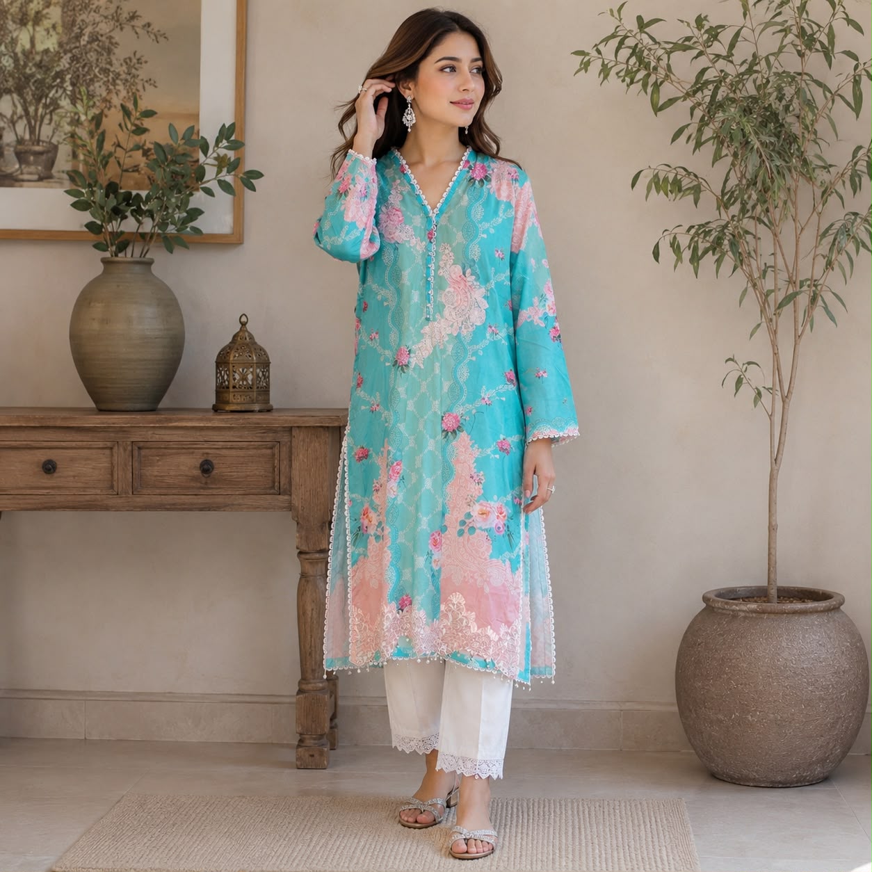 Junaid Jamshed Aqua Blossom Lawn dress