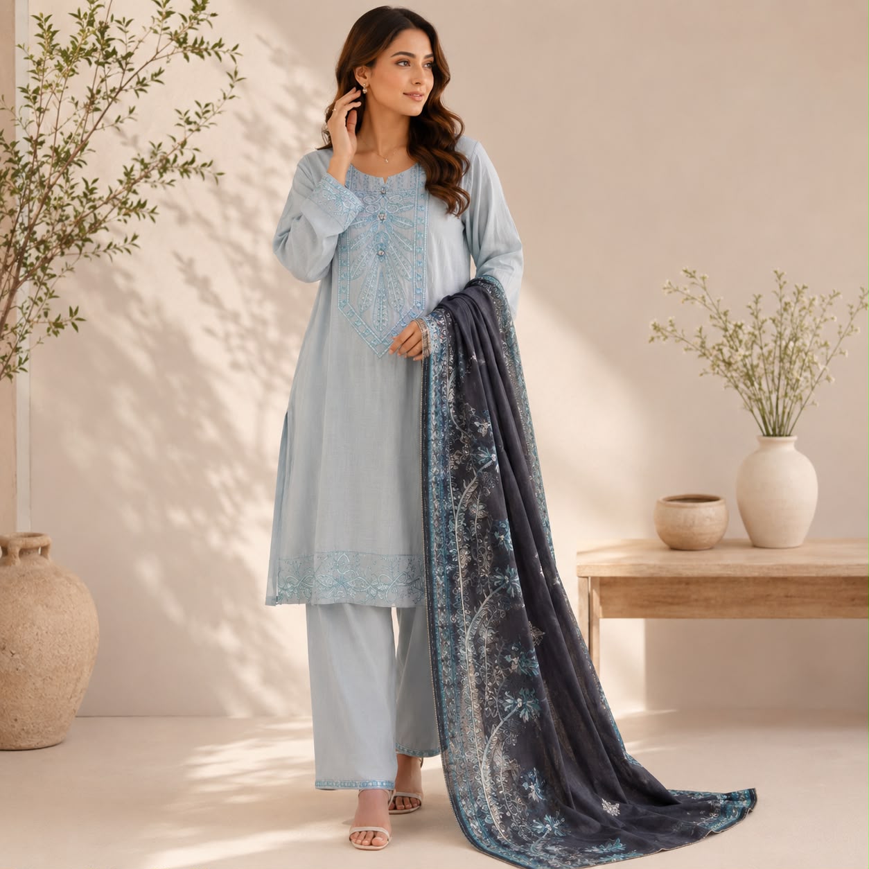 Celestial Mist Embroidered 3-Piece Suit - Asim Jofa