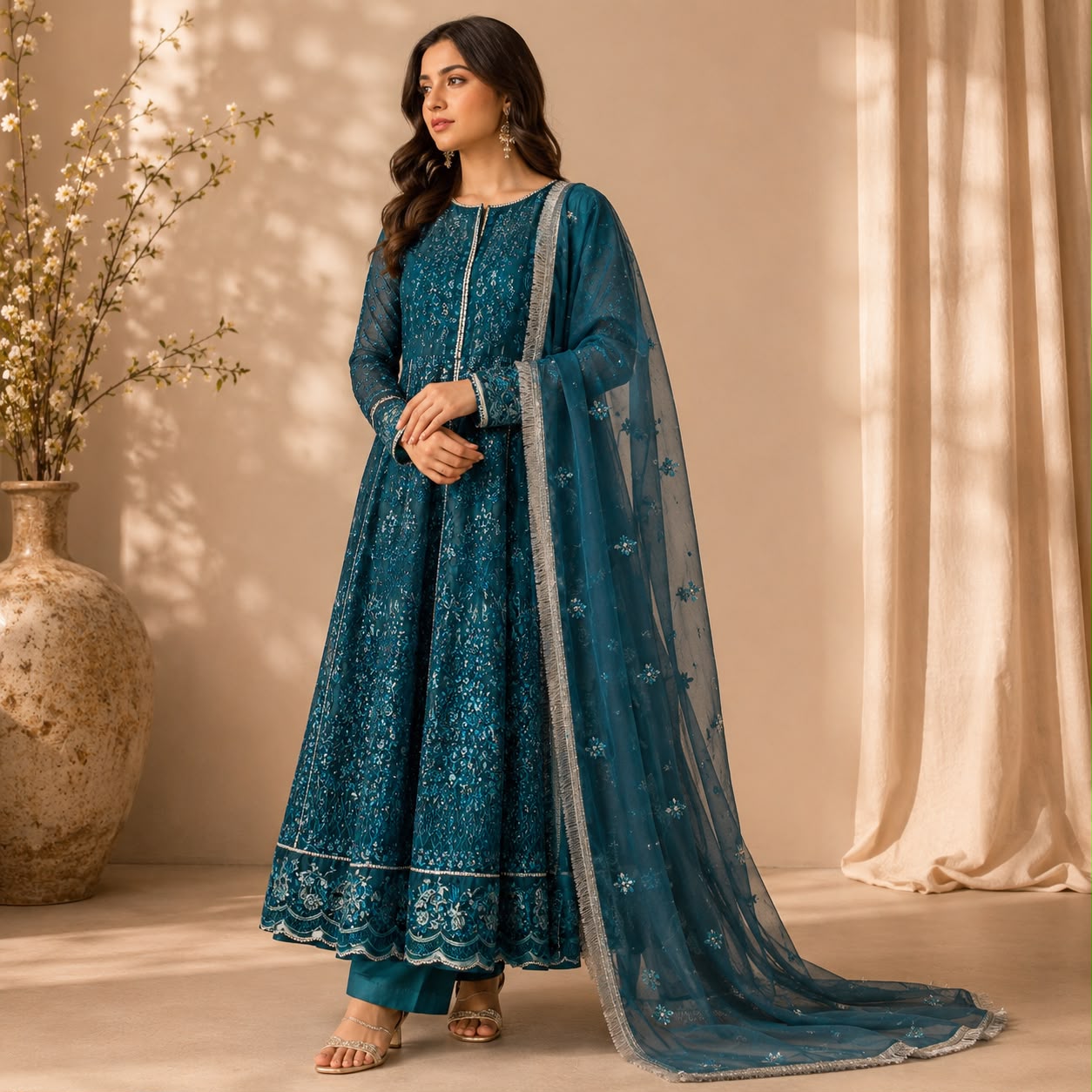 Zellbury Emerald Grace Embroidered Chiffon 3-Piece Suit.