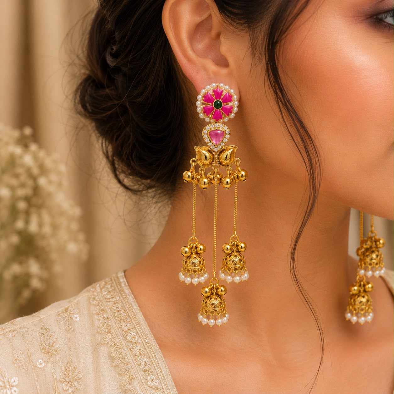 Pink Kashmiri Heritage Earrings.