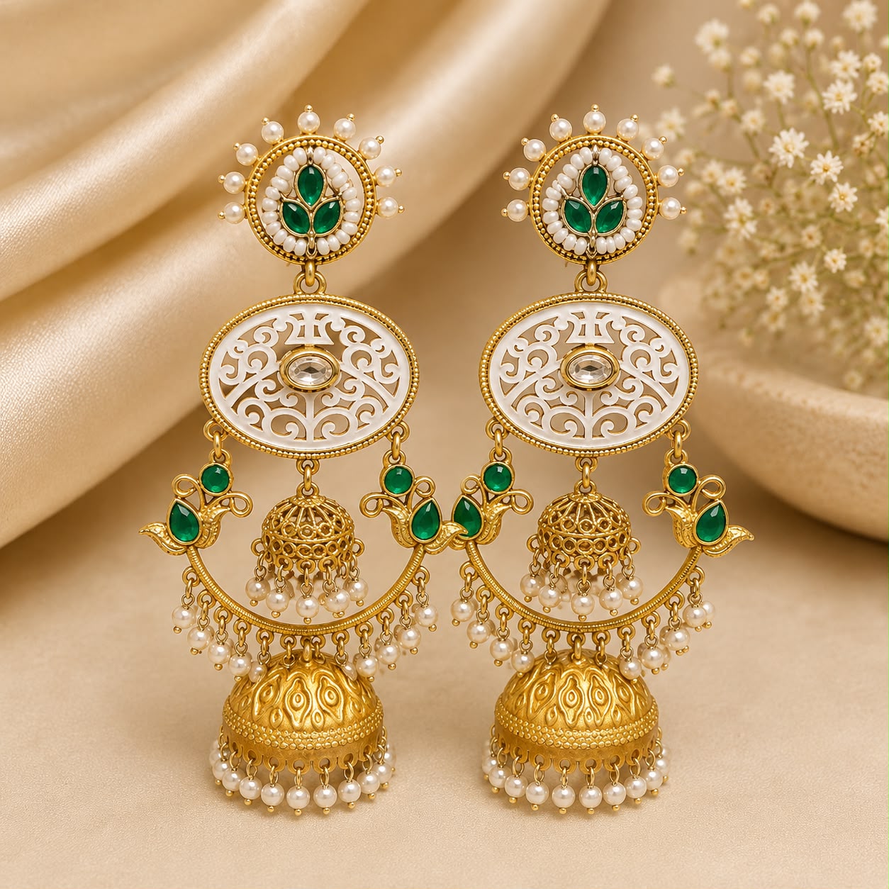 Emerald Kashmiri Chandbali Earrings