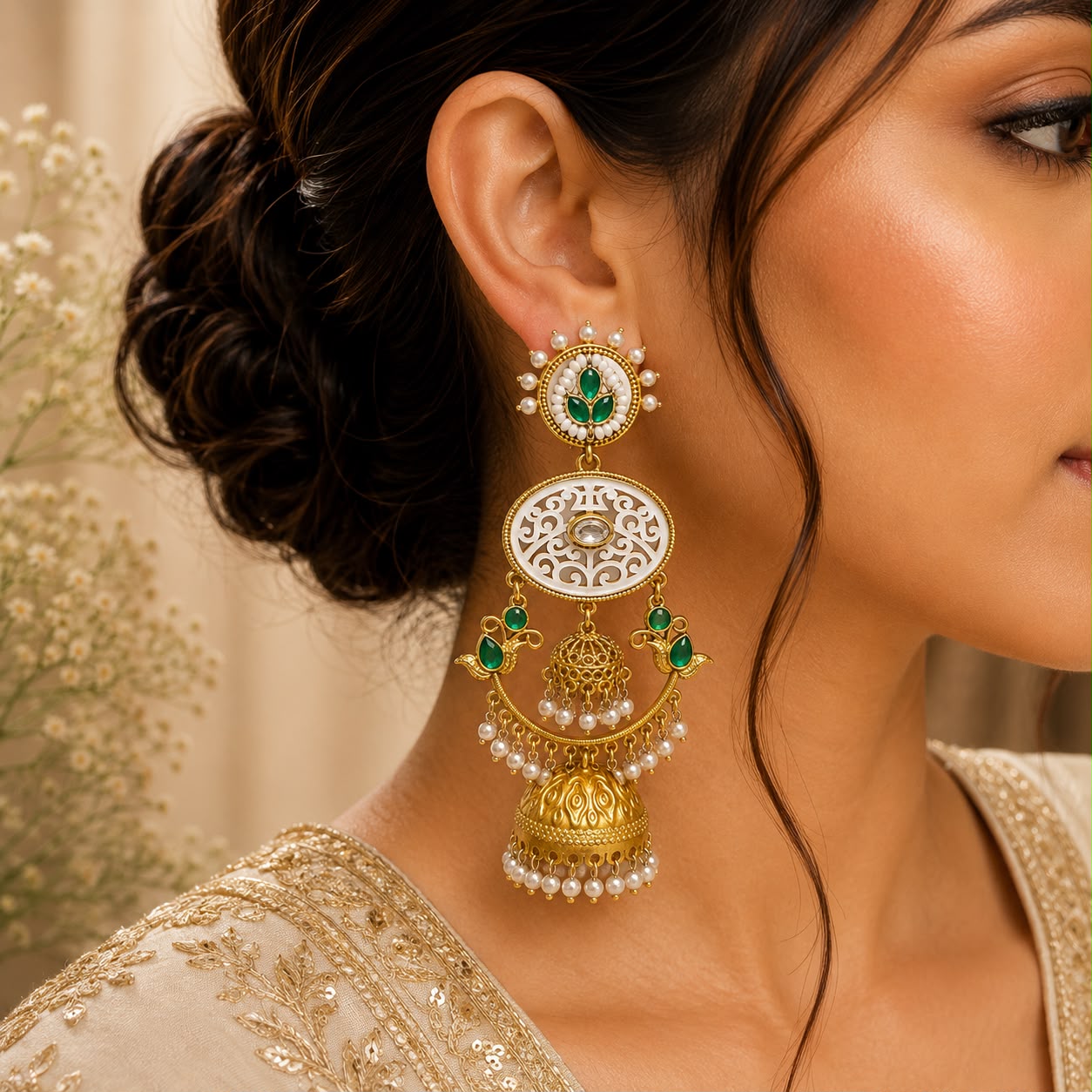 Emerald Kashmiri Chandbali Earrings