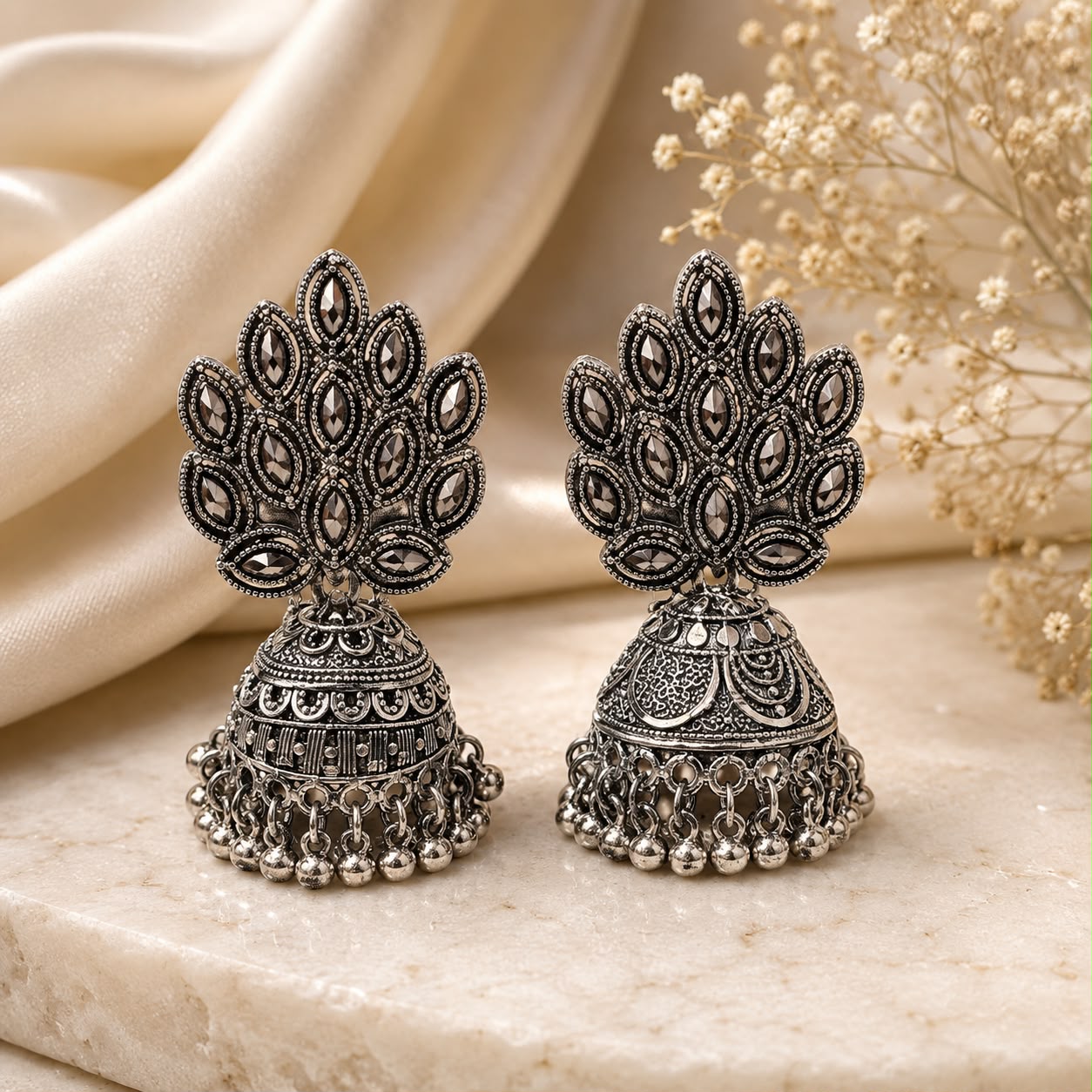 Oxidized Peacock Jhumka Earrings
