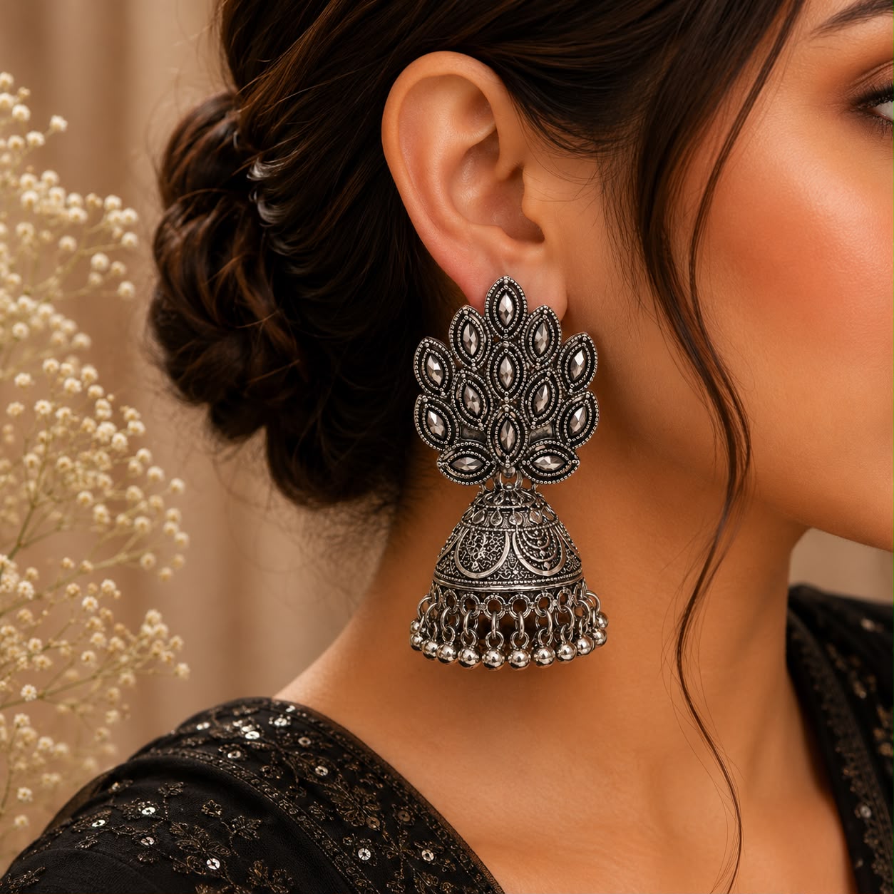 Oxidized Peacock Jhumka Earrings
