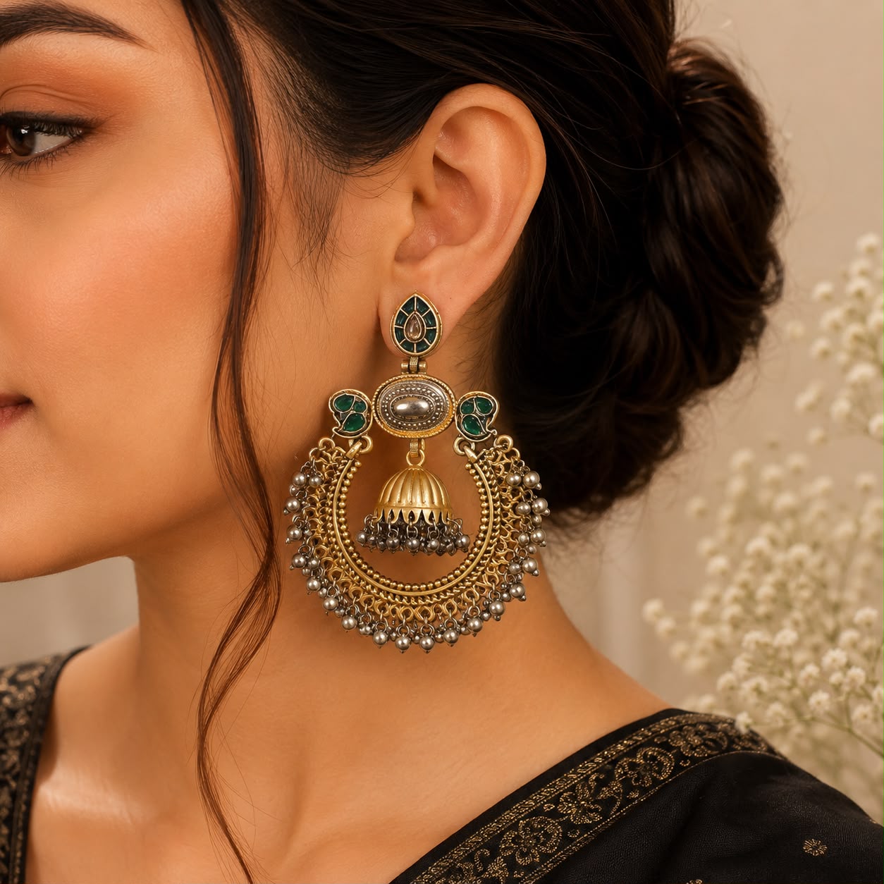 Emerald Kashmiri Chandbali Jhumka Earrings