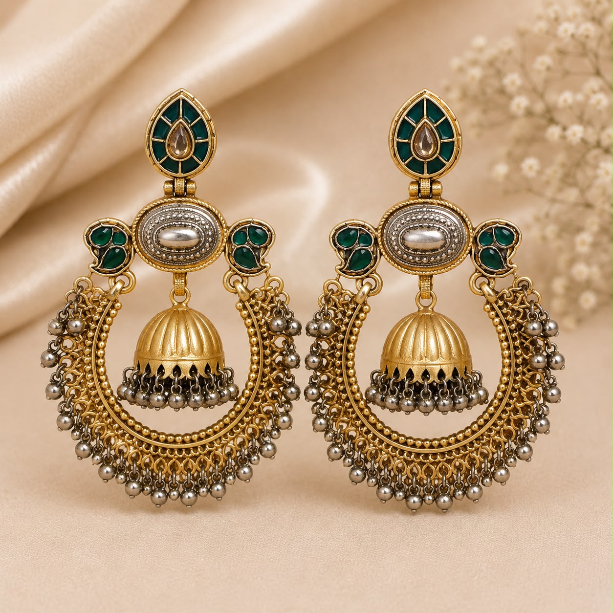 Emerald Kashmiri Chandbali Jhumka Earrings