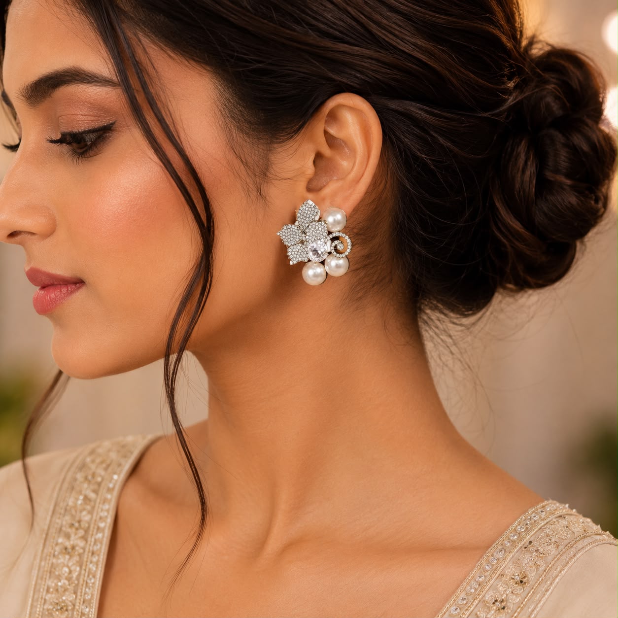 Pearl Floral Zircon Stud Earrings