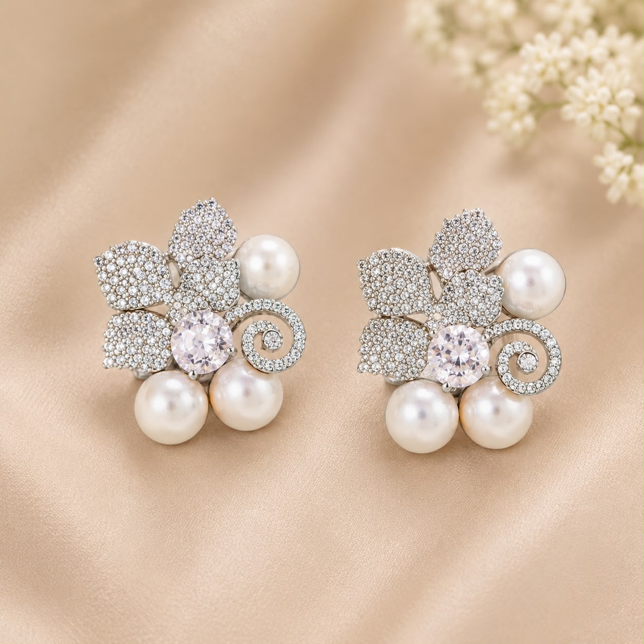 Pearl Floral Zircon Stud Earrings