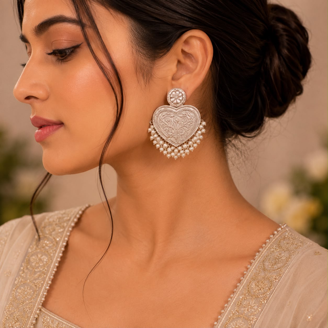 Pearl Heart Kashmiri Earrings.