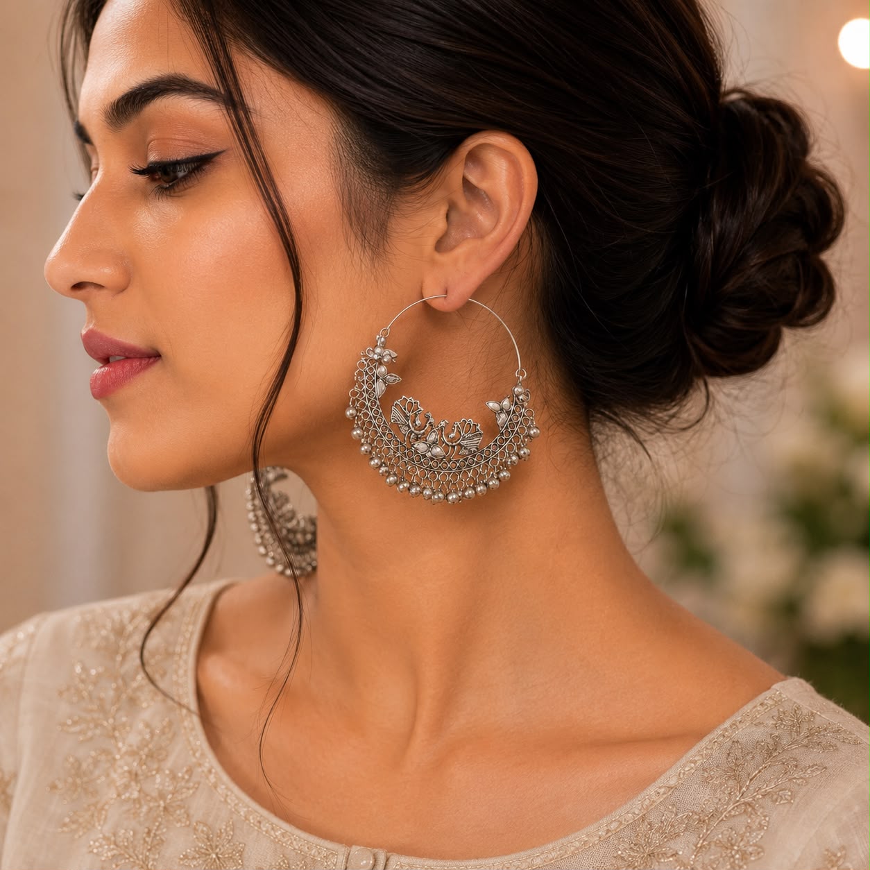 Silver Peacock Hoop Earrings