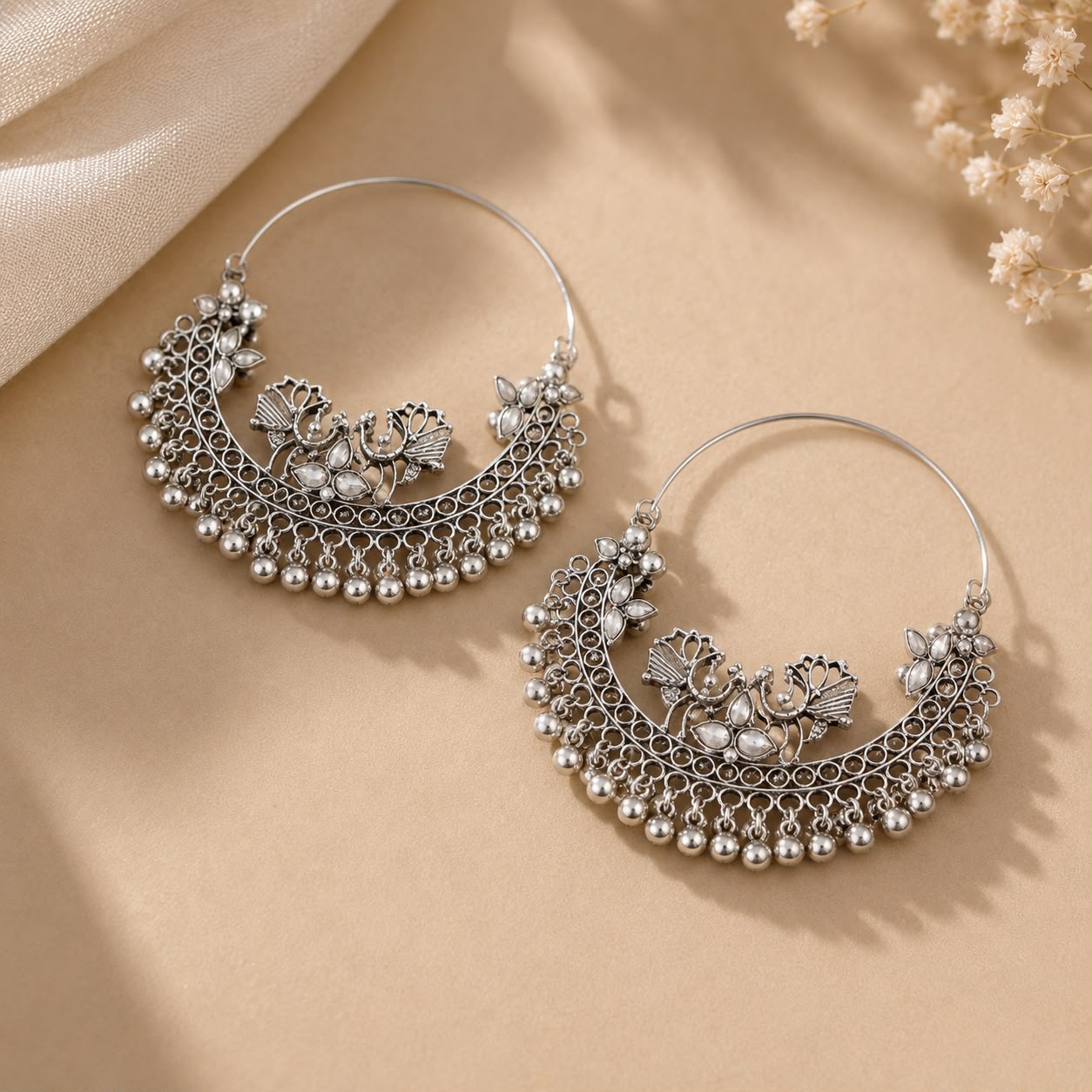 Silver Peacock Hoop Earrings