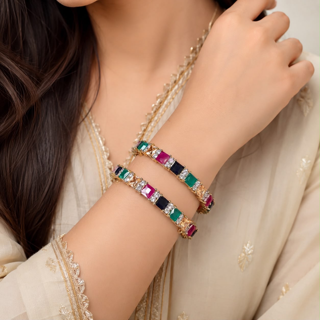 Royal Multicolor Zircon Gold-Plated Bangles.