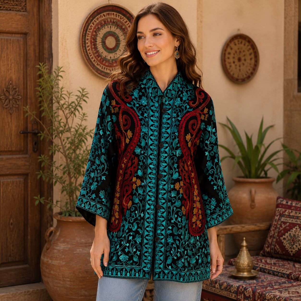 Midnight Blossom Embroidered Coat