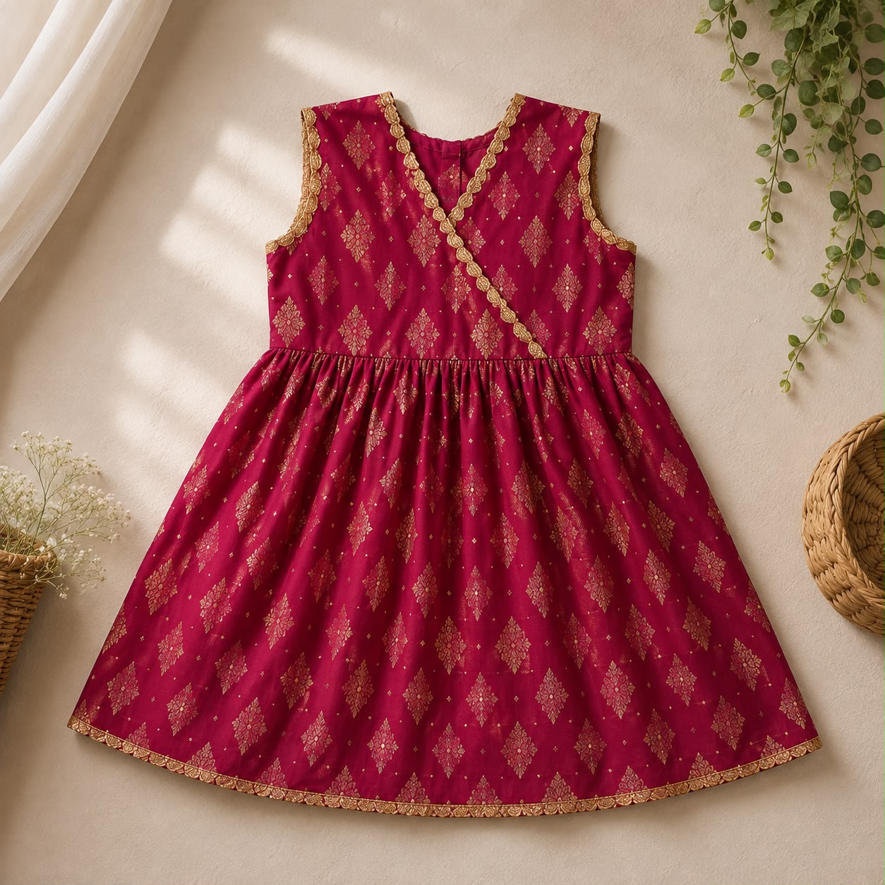 Magenta Gold Kids Frock Set