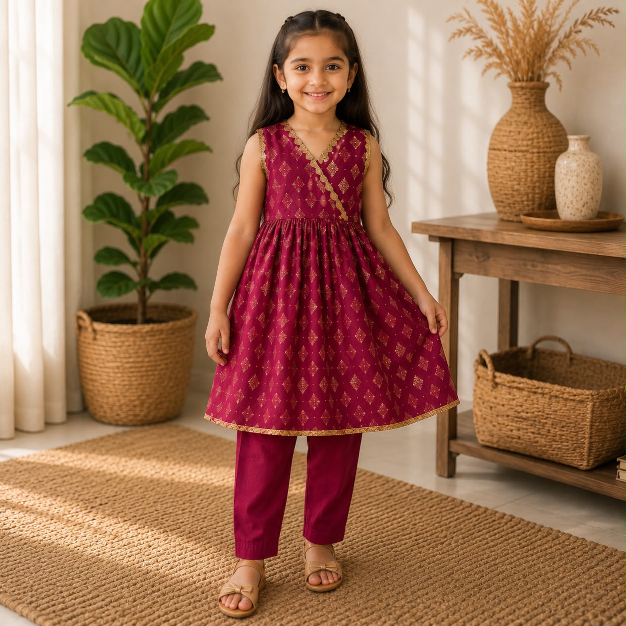 Magenta Gold Kids Frock Set