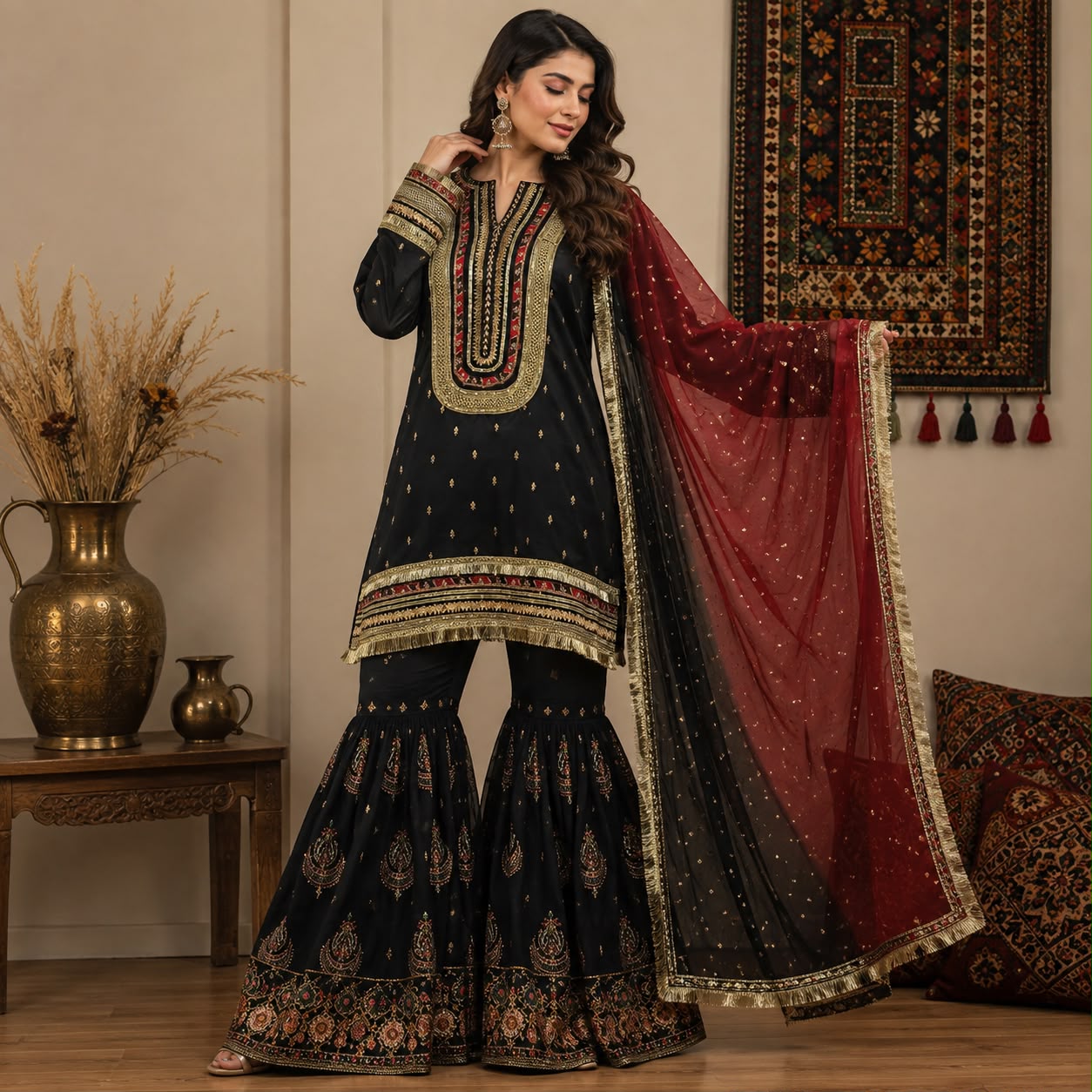 Black & Maroon Gharara Set