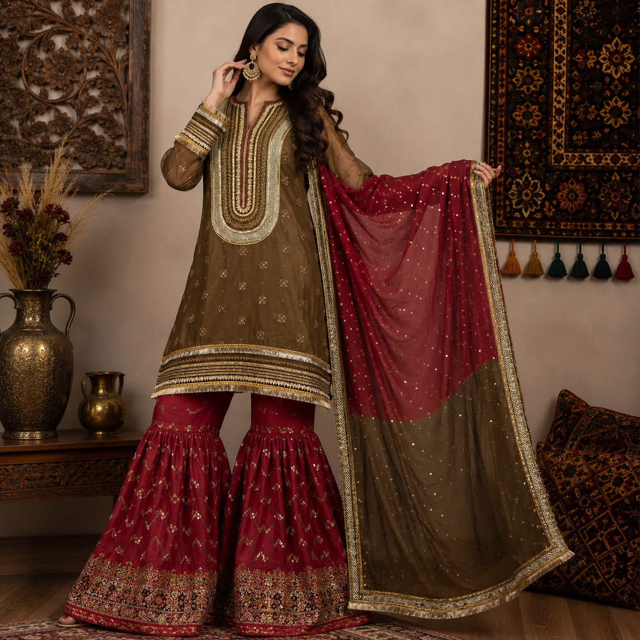 Olive & Maroon Embroidered Gharara Set