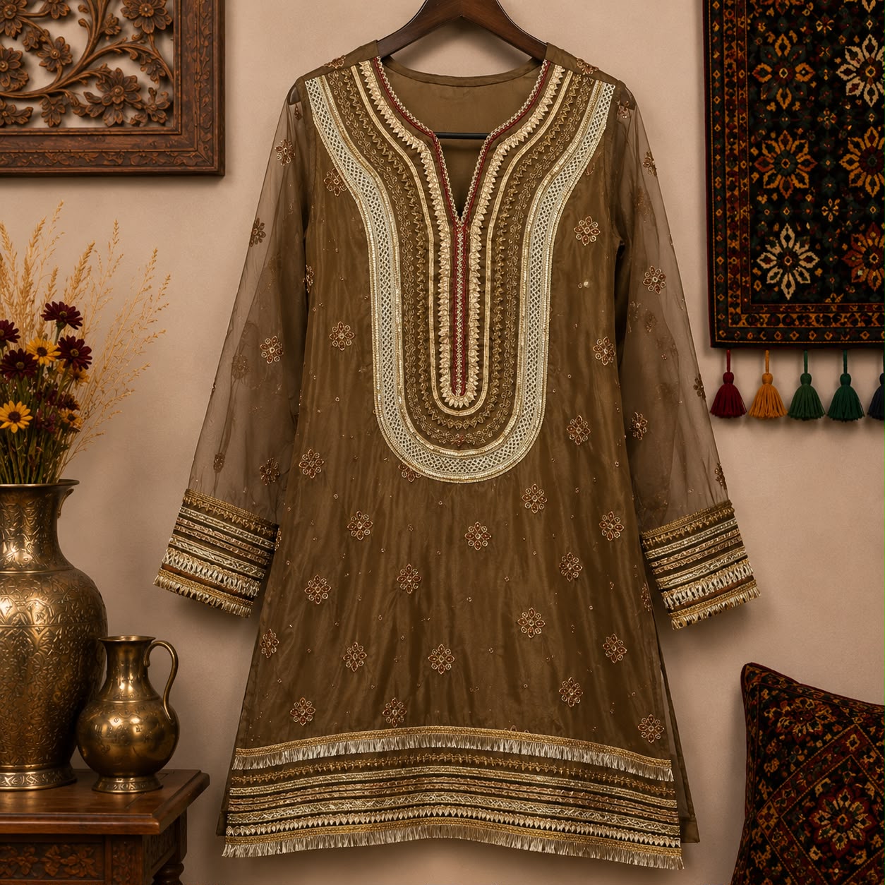 Olive & Maroon Embroidered Gharara Set