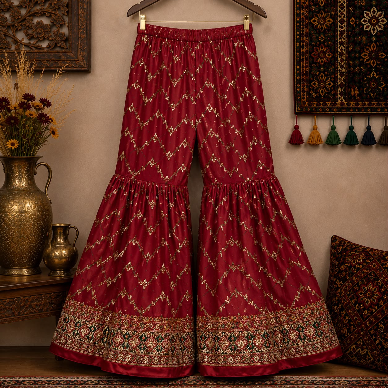 Olive & Maroon Embroidered Gharara Set