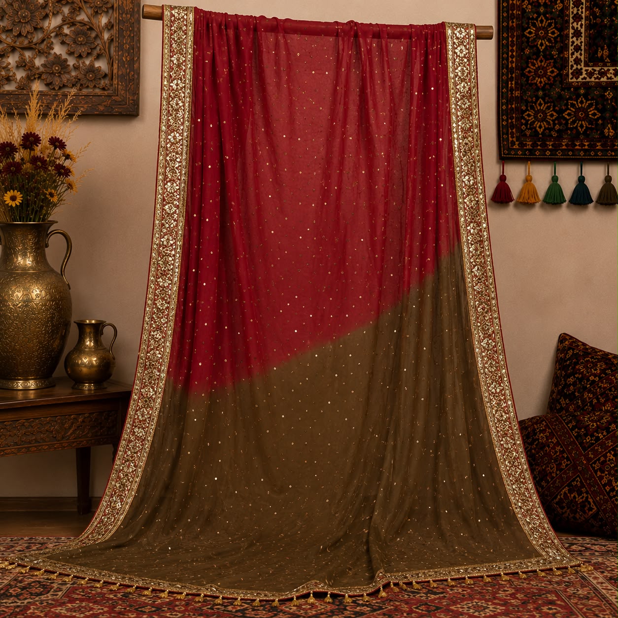Olive & Maroon Embroidered Gharara Set