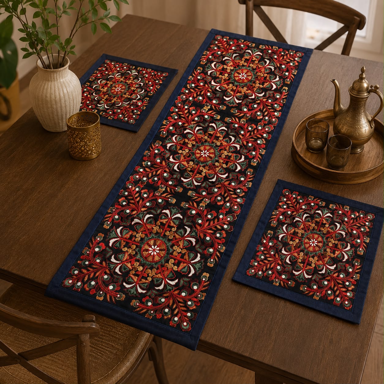 Heritage Bloom Embroidered Table Runner Set