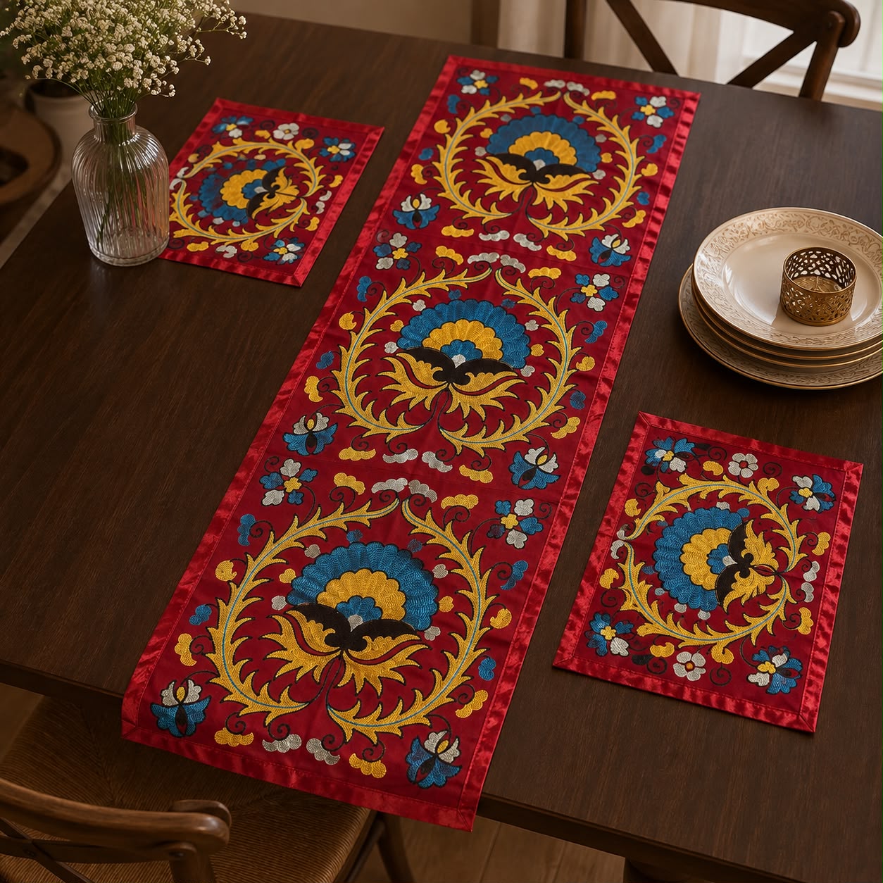 Crimson Bloom Embroidered Table Runner Set