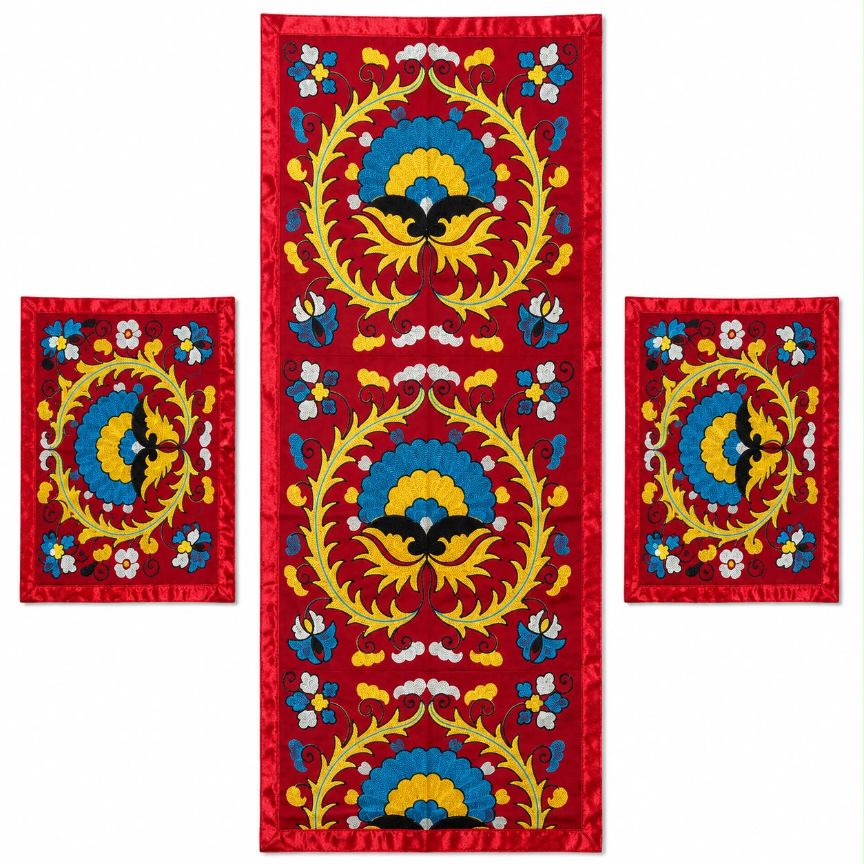 Crimson Bloom Embroidered Table Runner Set