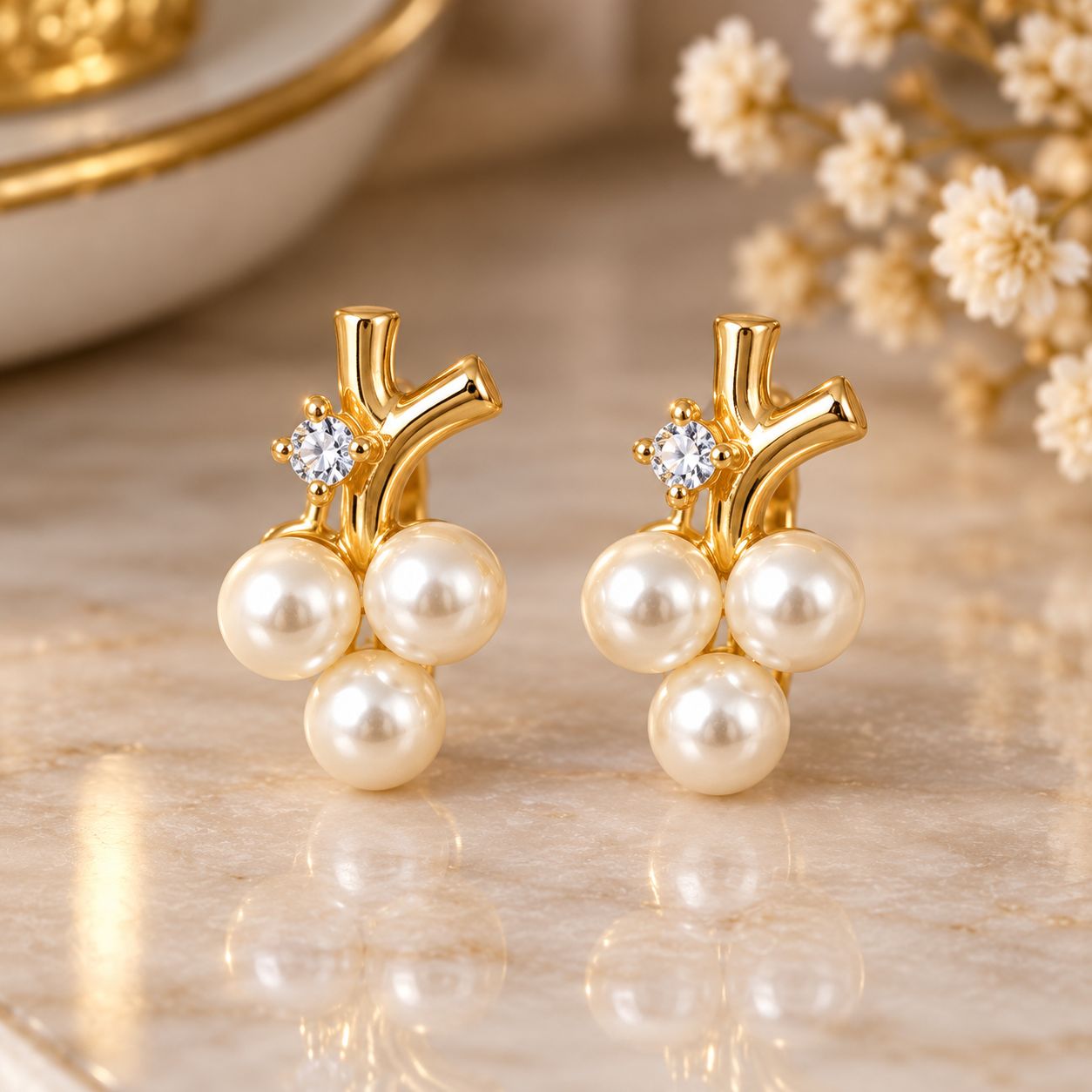 Golden Pearl Cluster Earrings