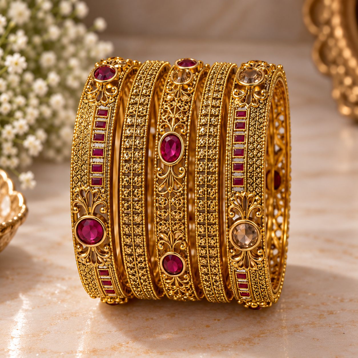 Royal Ruby Antique Gold Bangle Set