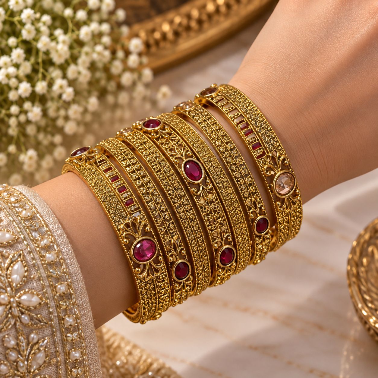 Royal Ruby Antique Gold Bangle Set