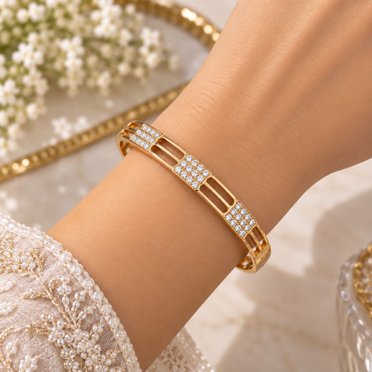 Golden Geometric Zircon Bangle