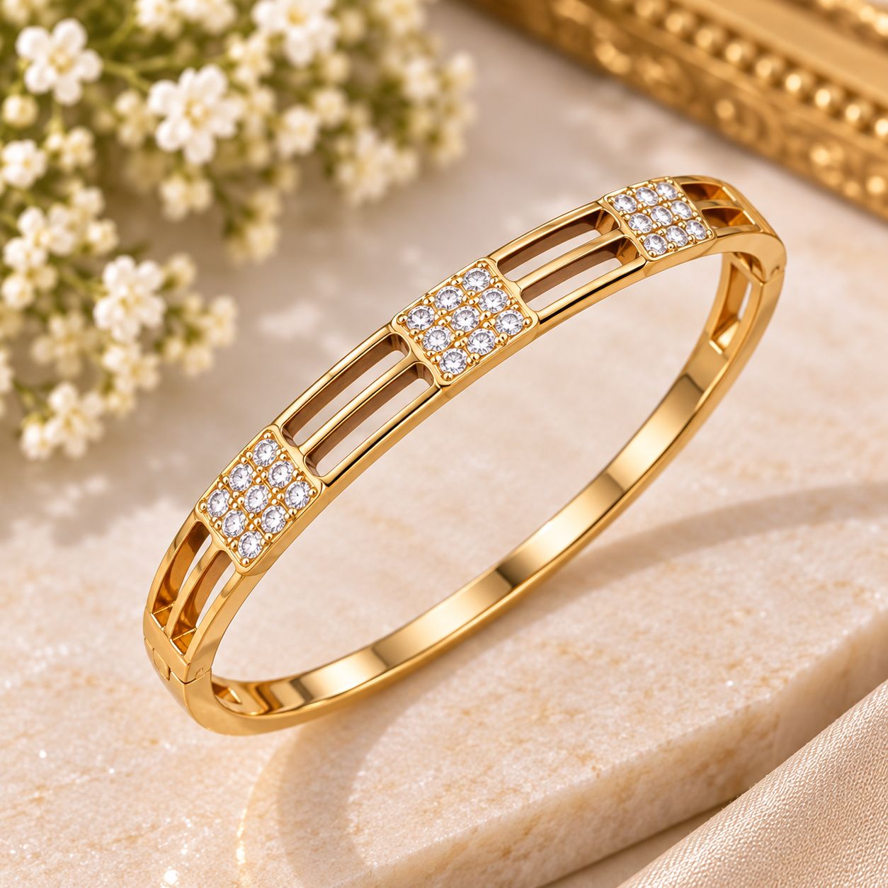 Golden Geometric Zircon Bangle