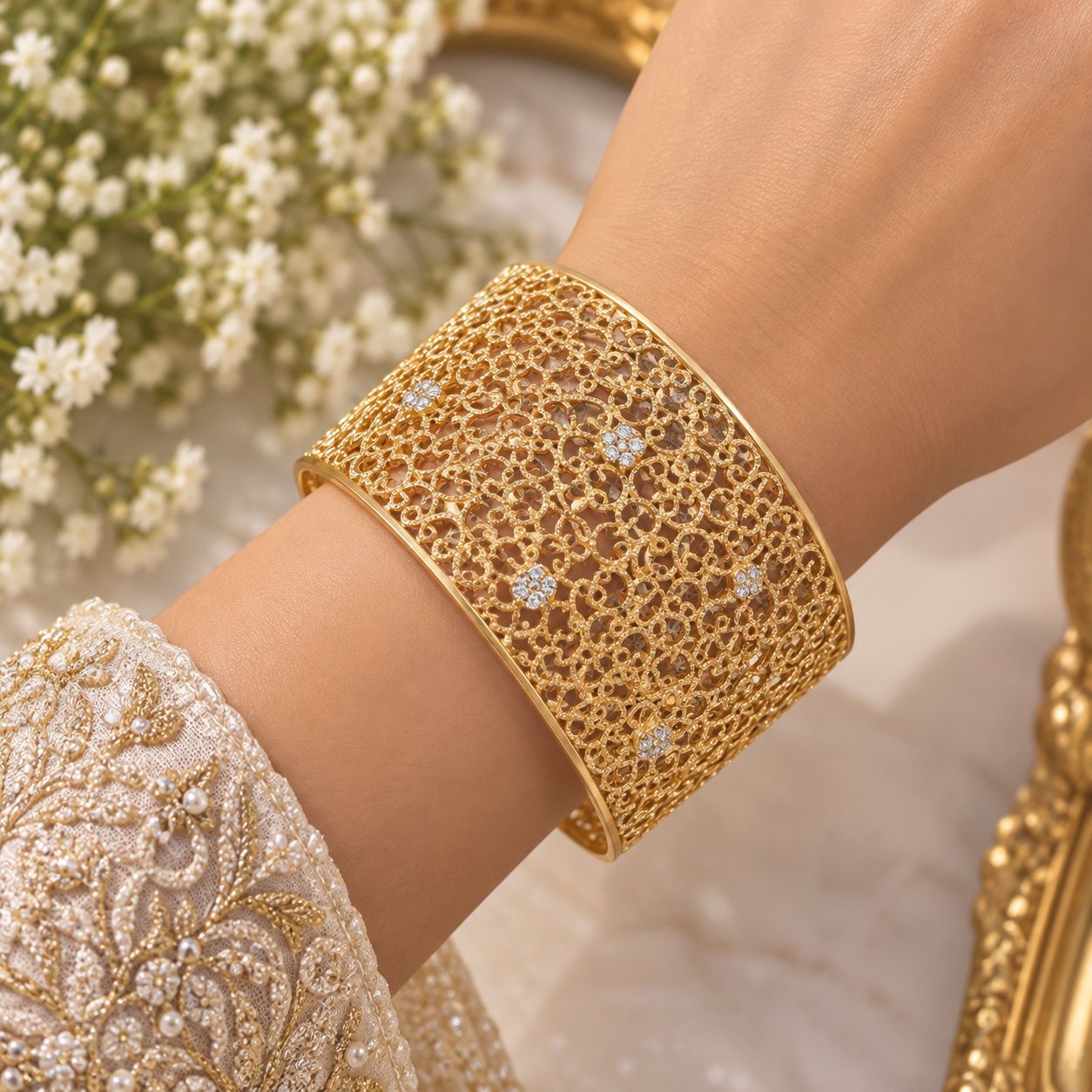 Golden Filigree Open Cuff Bangle