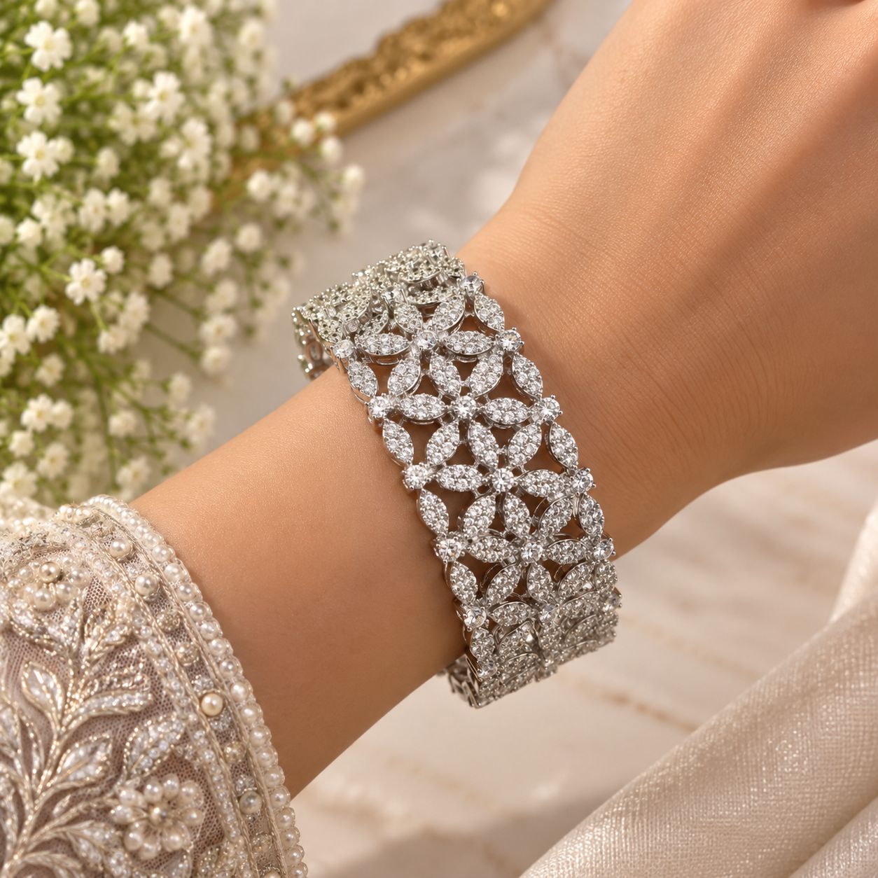 Silver Zircon Floral Statement Bangle