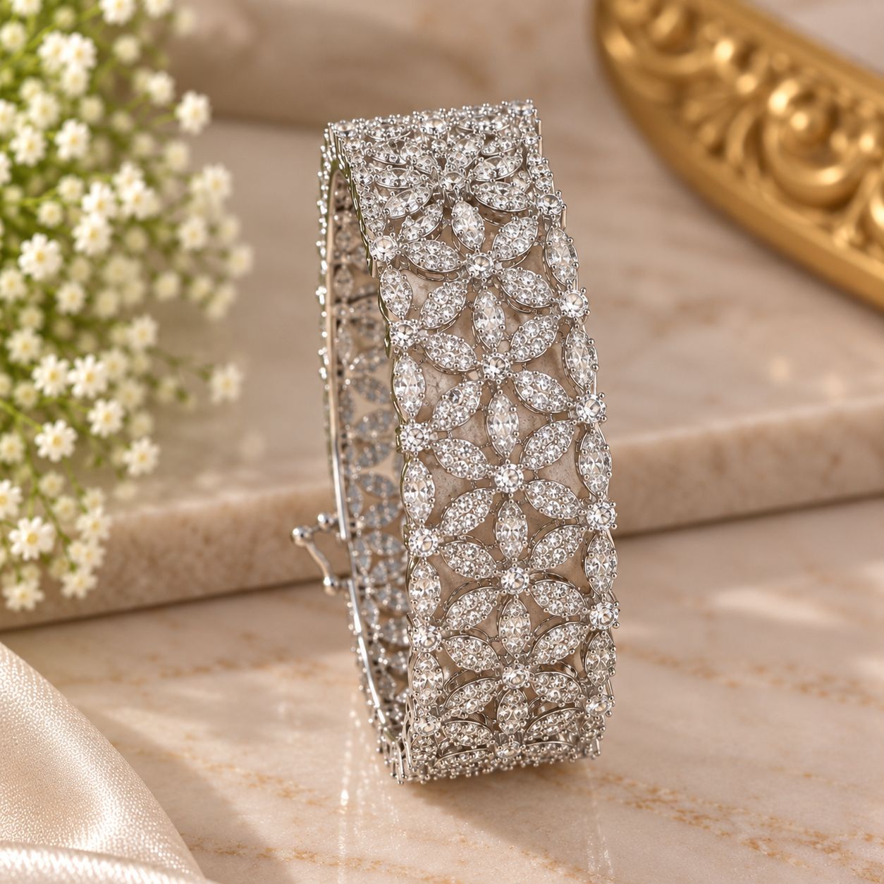 Silver Zircon Floral Statement Bangle