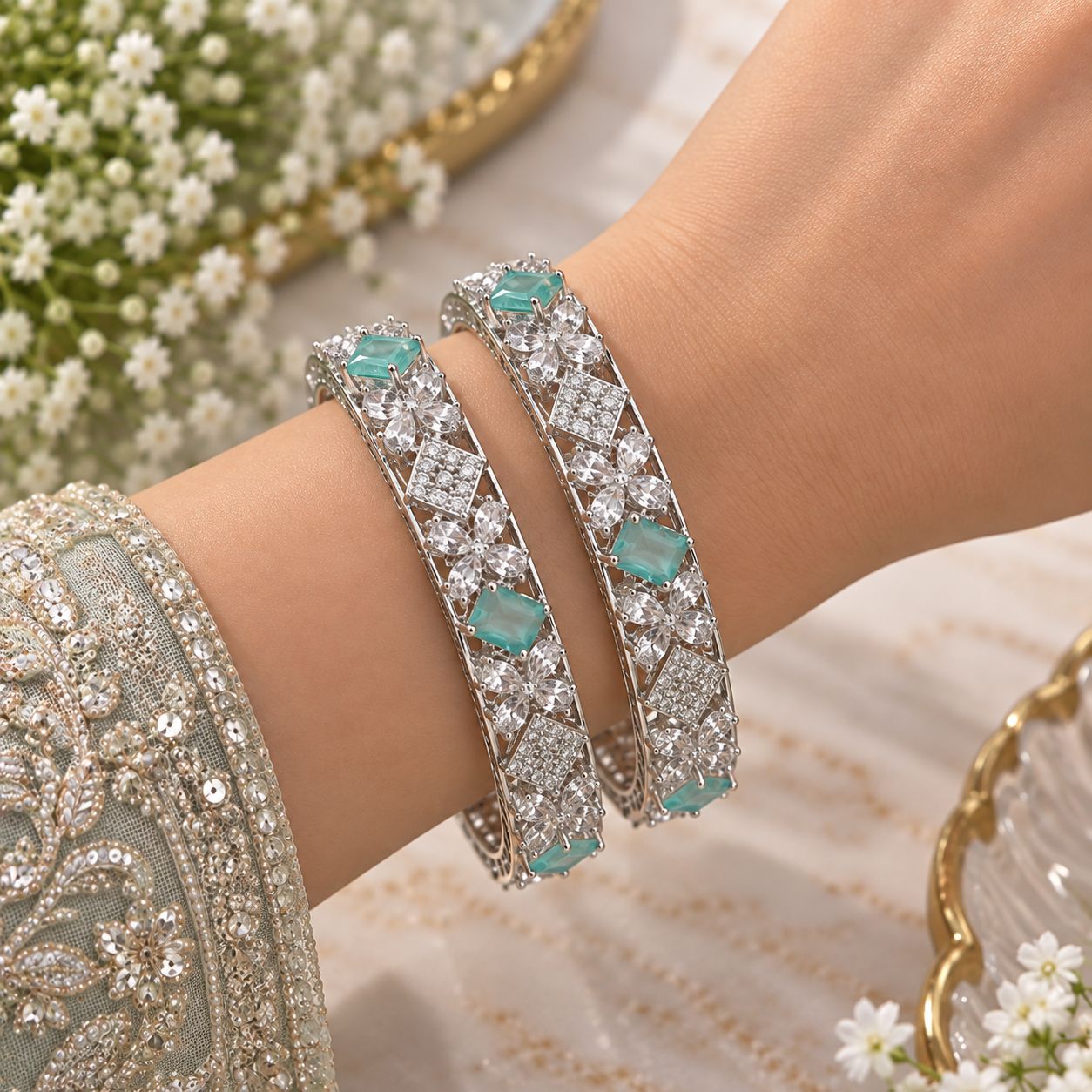 Aqua Crystal Floral Zircon Bangles