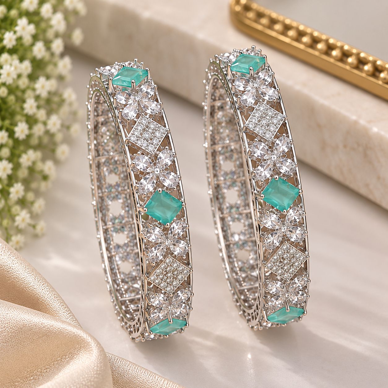 Aqua Crystal Floral Zircon Bangles