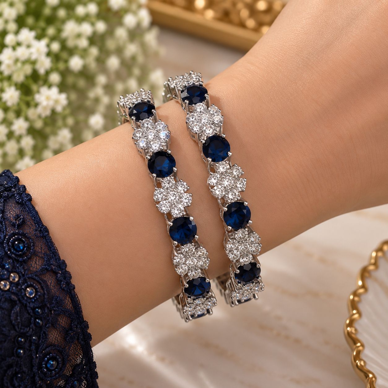 Royal Blue Zircon Floral Bangles
