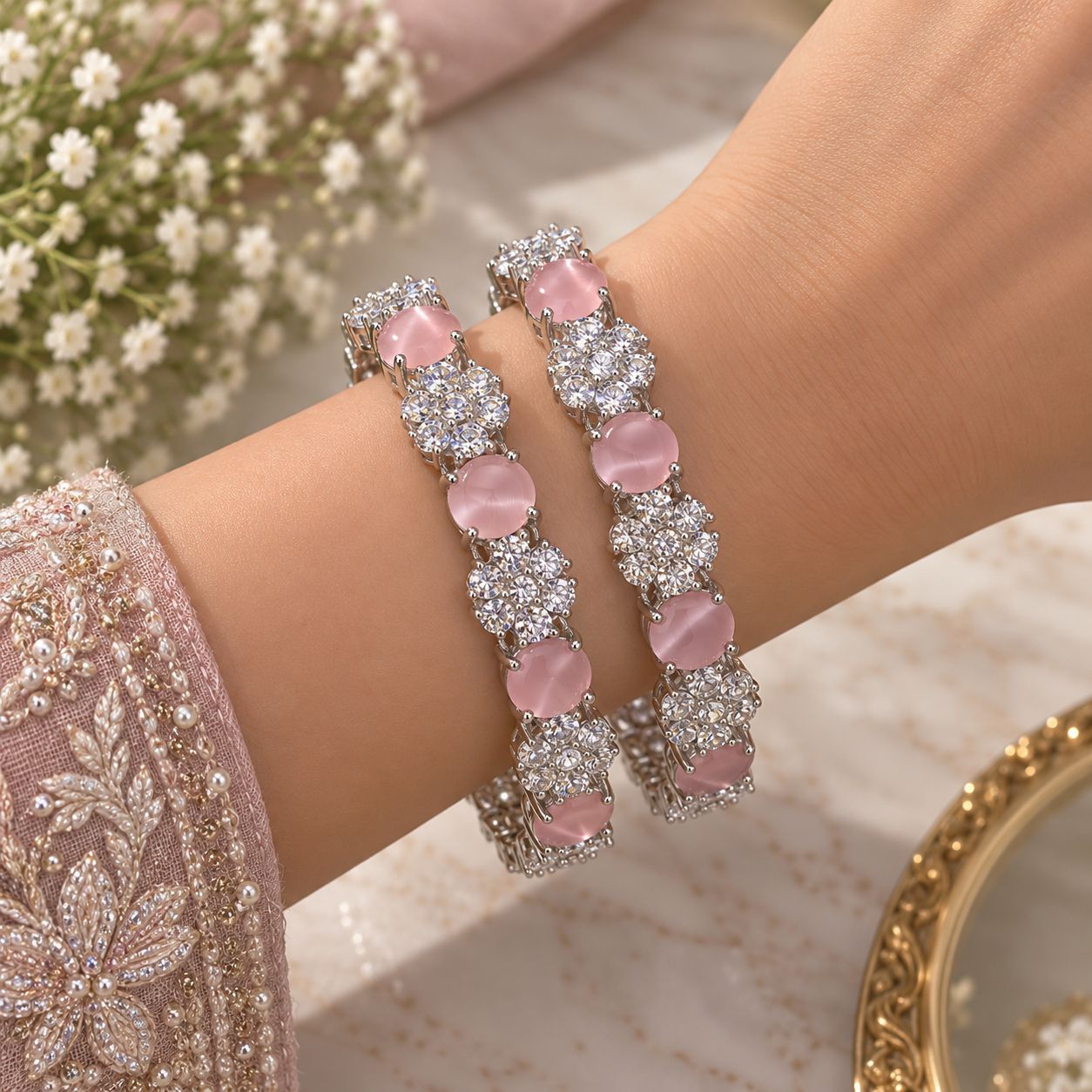 Blush Pink Zircon Floral Bangles