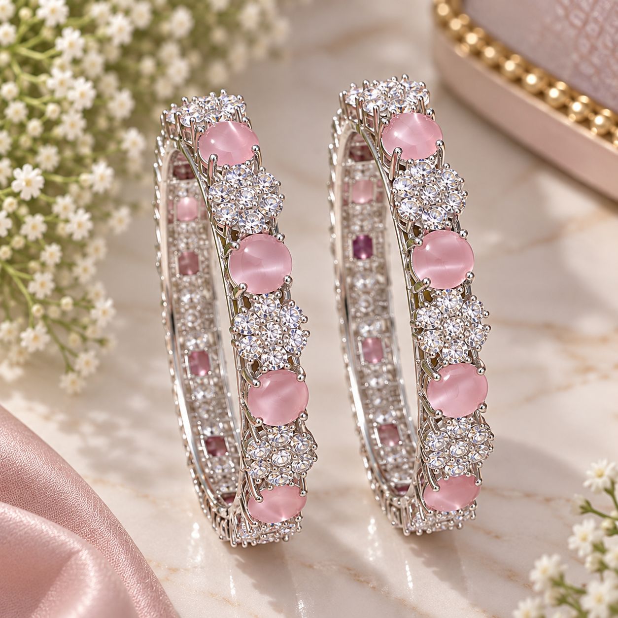 Blush Pink Zircon Floral Bangles
